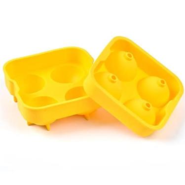 Imagem de Bandeja de cubo de gelo uísque cubo de gelo fazendo molde molde de esfera molde de silicone molde de hóquei no gelo bandeja de gelo redonda bandeja de gelo cor ferramenta de barra de cozinha 4 moldes de cubo de gelo de grade (cor: amarelo)