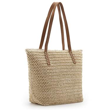 Imagem de MABROUC Bolsa de palha leve, bolsa de praia de palha para mulheres, bolsa grande de tecido de verão, bolsa de ombro para férias ao ar livre, Bege, P, Medium