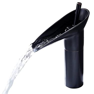 Imagem de LIDON Torneira de vaidade Torneira de cachoeira Torneiras de banheiro Torneira de cachoeira de latão antigo Torneira de vaidade do banheiro Torneira de furo único para pia de banheiro 1 furo alto para banheiro, antigo B (cor: preto A)