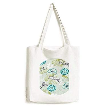 Imagem de Sacola de lona azul com estampa de folhas de peixe, bolsa de compras casual
