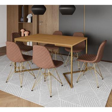 Imagem de Mesa Jantar Industrial Canela Base V Dourada 137x90cm C/ 6 Cadeiras Estofadas Caramelo Dourada 