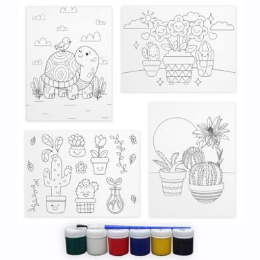Imagem de Tela Para Pintura Infantil Colorir Arte Kit 4 Unidades com Tinta e Pincel Canvas 20x15cm (Natureza)