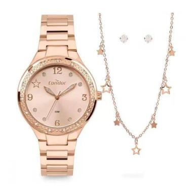 Imagem de Relógio Condor Feminino Kit - Rosé com Pedras
