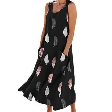 Imagem de UIFLQXX Vestidos maxi plus size para mulheres com estampa de penas, sem mangas, casual, vestido longo, vestido de coquetel, verão, Preto, GG