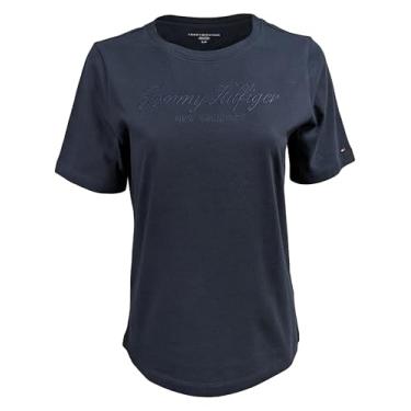 Imagem de Tommy Hilfiger Camiseta feminina de algodão de desempenho – Camisetas estampadas leves, Azul-marinho (Nyc bordado), P