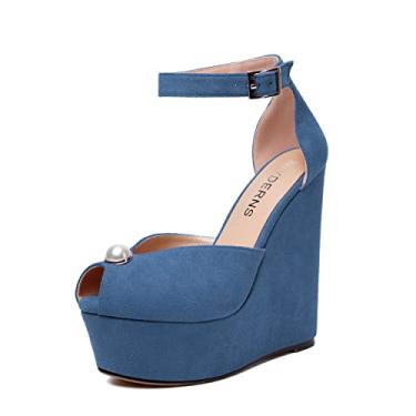 Imagem de WAYDERNS Sapato feminino de camurça peep toe casamento tira no tornozelo plataforma sexy fivela cunha salto alto sapatos 6 polegadas, Azul-escuro, 9.5