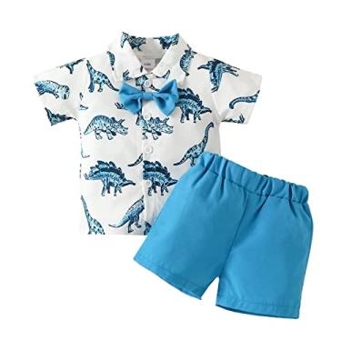 Imagem de N Apparel Camiseta de lapela de manga curta shorts terno masculino bebê dinossauro peito único bebê menino suspensório, Azul, 9-12Months