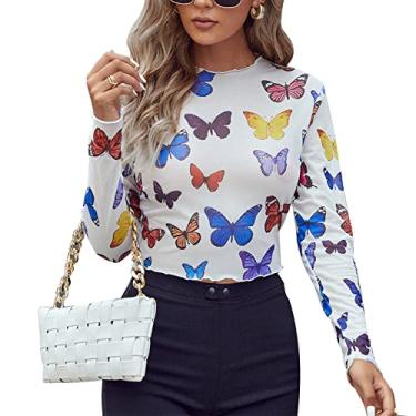 Imagem de Camiseta de Malha, Blusa de Malha Fina e Ajustada na Moda Com Gola Redonda Estampada Colorida para o Verão Feminino (#2)