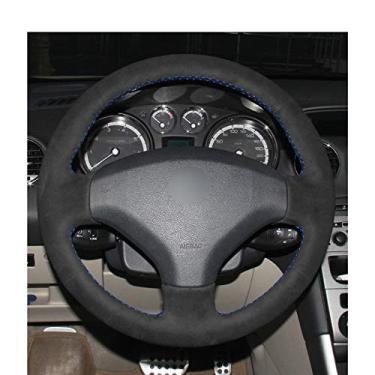 Imagem de MVMTVT Capa de volante de carro para Peugeot 308 2007-2013 408 2012-2014, capa de volante de carro de camurça preta costurada à mão