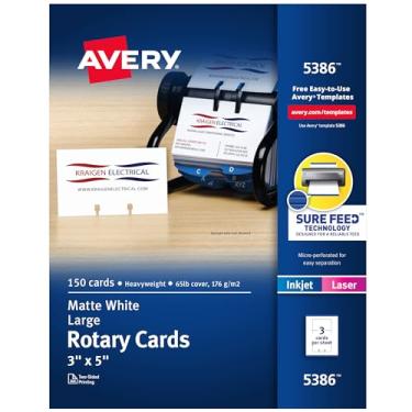 Imagem de Avery 5386 grandes cartões rotativos, laser/jato de tinta, 7,6 x 12,7 cm, 3 cartões por folha (caixa com 150 cartas), branco