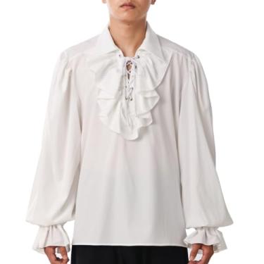 Imagem de GRACEART Camisa masculina pirata com babados colonial camisa poeta renascentista steampunk vampiro gótico fantasia medieval, 02#bege, GG