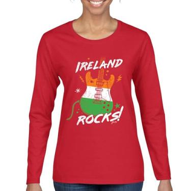 Imagem de Camiseta feminina manga longa com bandeira da guitarra do Dia de São Patrício Shamrock Groove Vibe Pub Celtic Rock and Roll cravo, Vermelho, M