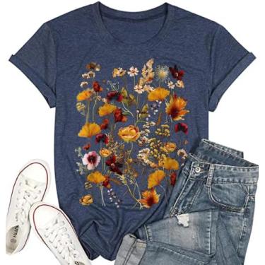 Imagem de Camiseta feminina vintage floral casual boho estampa floral girassol flores silvestres camisetas para meninas, 2024-38-azul-marinho, XXG