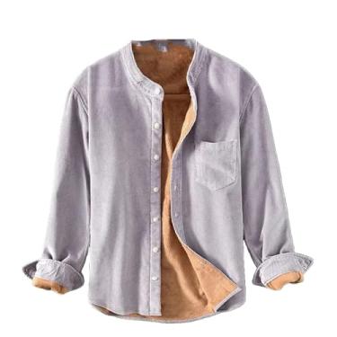 Imagem de Camisa de inverno masculina diária quente casual quente veludo cotelê manga longa camisa cáqui simples blusa de lã, Cinza claro, P