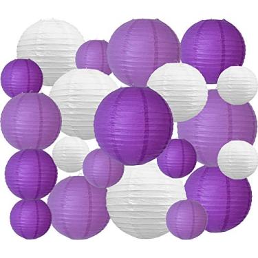 Imagem de 21 lanternas de papel redondas brancas lavanda roxo roxo e branco decorativo para pendurar lanternas de papel chinesas japonesas para aniversário, casamento, bebê, chá de panela, decoração de festa