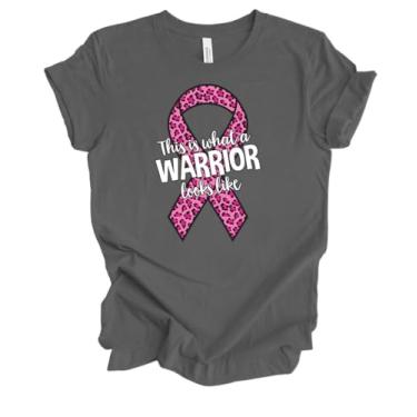 Imagem de Camiseta feminina estampada This is What A Warrior Looks Like Inspiring for Cancer Fighters and Survivors Pink Ribbon Short Sleeve, Asfalto, 3G