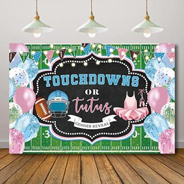 Imagem de Rarcoirs Touchdowns ou tutus fundo revelador de gênero grama verde esportes menino ou menina para fotografia balões rosa e azul anúncio de grávida faixa de futebol suprimentos 71 x 47 polegadas
