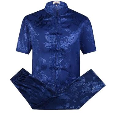Imagem de Roupa masculina chinesa tradicional para homens, calças masculinas, camisetas orientais Cheongsam Tang Top, Conjunto curto azul, Small