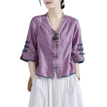 Imagem de JYHBHMZG Camisa de algodão retrô bordada com botão de nó feminino verão chinês Zen vestido de chá solto curto decote em V, Roxa, G
