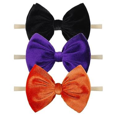 Imagem de YanJie Tiaras de veludo para bebês meninas, laço elástico de nylon de Halloween laranja preto roxo torcida laços de torcida para bebês vestidos para bebês recém-nascidos bebês