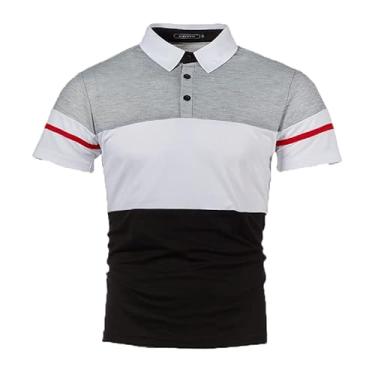 Imagem de Camisa polo masculina casual de manga curta com estampa de cinto de patchwork de duas cores, Cinza claro, M