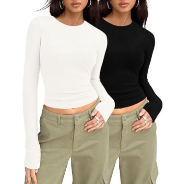 Imagem de MASCOMODA Camisetas femininas de manga comprida para sair, pacote com 2, camisetas básicas casuais de malha canelada, justas, gola redonda, Bege, branco, preto, XXG