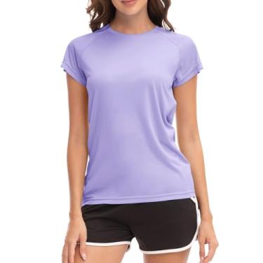 Imagem de MEETWEE Camiseta feminina Rash Guard manga curta secagem rápida FPS 50+ proteção solar UV leve para treino, Roxo claro, GG