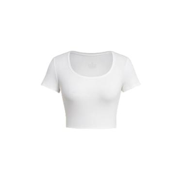 Imagem de Fafaget Camiseta feminina atlética gola canoa manga curta canelada cropped para treino, corrida, ioga, Branco, P