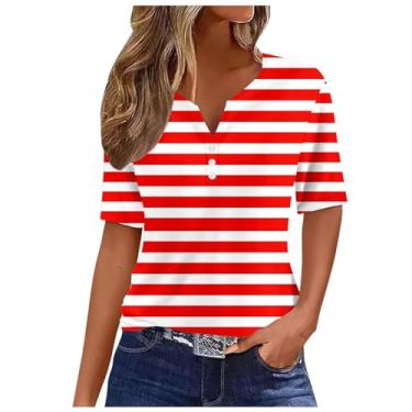 Imagem de Camiseta feminina Summer Dependence Day Henley com bandeira dos EUA, mangas curtas, casual, roupas de 4 de julho, Vermelho - D, P