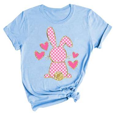 Imagem de Deals of The Day Today Only Camisetas femininas estampadas Happy Easter Bunny Shirts for Women Easter Day Camiseta de manga curta Bunny Rabbit Moletom feminino azul celeste GG