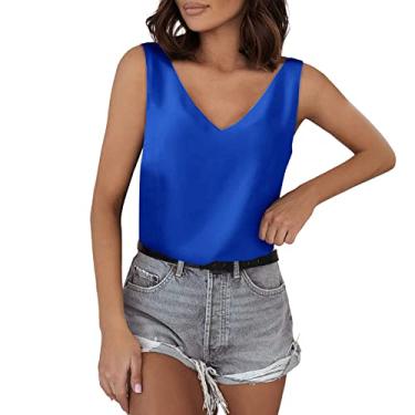 Imagem de Regatas femininas com decote em V, blusas de cetim, sem mangas, caimento solto, camiseta básica de verão para negócios, Azul, P