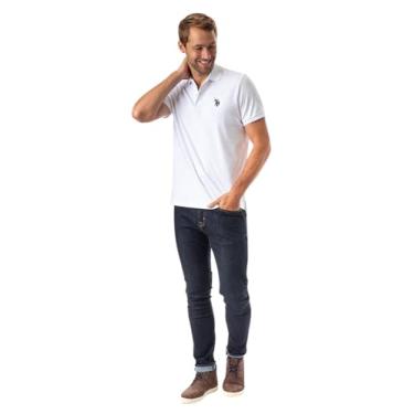 Imagem de U.S. Polo Assn. Camisa polo masculina de manga curta sólida interloque, branca/preta, pequena, Branco/preto, P