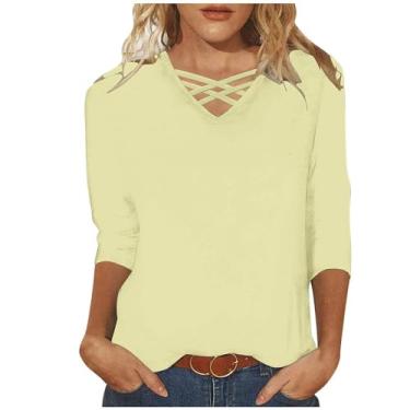 Imagem de Camiseta feminina de manga 3/4 de comprimento com gola V, cor sólida, solta, casual, confortável, túnica, camisa de verão, Caqui, G