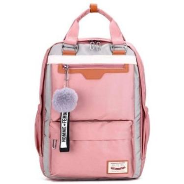 Imagem de Mochila Escolar Feminina Bicolor com Chaveiro Puff e Espaço para Notebook-Feminino