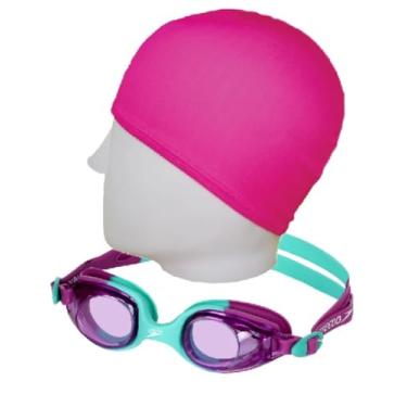 Imagem de Kit Natação Speedo Óculos Jr Olympic + Touca Tecido 4 a 12 anos (óculos acqua/lilás + touca apvd)