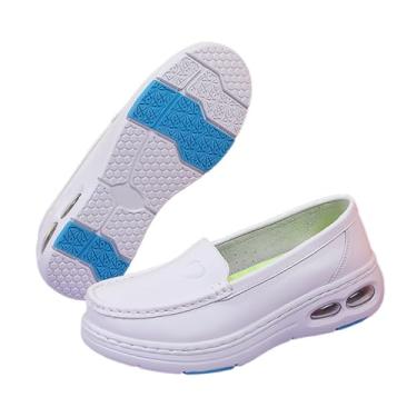 Imagem de Sapatas Confortáveis Da Enfermeira Das Mulheres, Sapatos De Enfermeira Respiráveis De Couro Com Almofada De Ar Branca Feminina, Sapatilhas Casuais Antiderrapantes Para Corrida(1 white blue,39 EU)