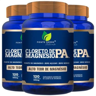 Imagem de 3 Potes Cloreto de Magnésio P.A. KIT 360 Cáps Fonte Verde - Alto Teor 