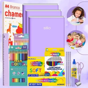 Imagem de Kit Material Escolar Volta As Aulas Infantil 70 itens Tons Pastéis Ens