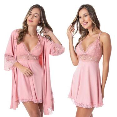 Imagem de Kit Robe Luxo e Camisola Sensual de Renda Lingerie Feminina - Empório 