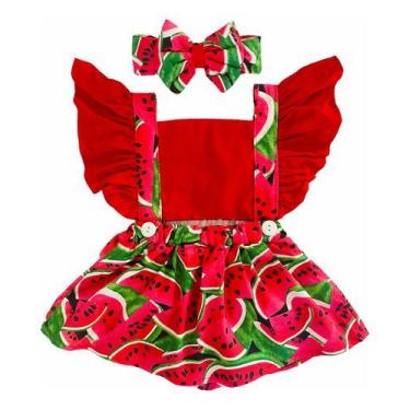 Imagem de Romper Jardineira Body Bebê Menina Saia Melancia Mesversário - Mimos d