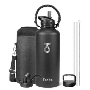 Imagem de Garrafa térmica de água Trebo com alça de paracord, aço inoxidável de parede dupla a vácuo, mantém frio por 48 h, antivazamento, para bebidas quentes, com tampas de bico/canudo, 2,5 L, preta