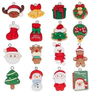 Imagem de SUNNYCLUE 1 caixa 32 peças 16 estilos pingentes de boneco de neve em massa pingente de floco de neve árvore de Natal resina cabochão de natal árvores de Papai Noel charme para fazer joias pingentes descobertas diy colar brinco mulheres adultos