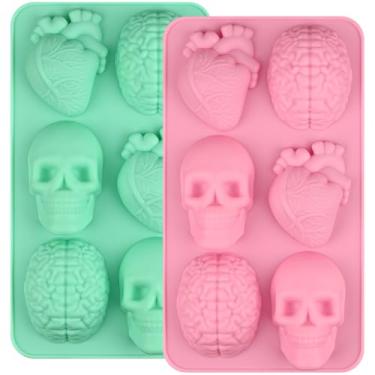 Imagem de Actvty Moldes de silicone para sabonete de Halloween, 2 pacotes de moldes realistas de tamanho grande 3D de coração e crânio para sabonete artesanal DIY, vela, chocolate, pudim, geleia, adereços de
