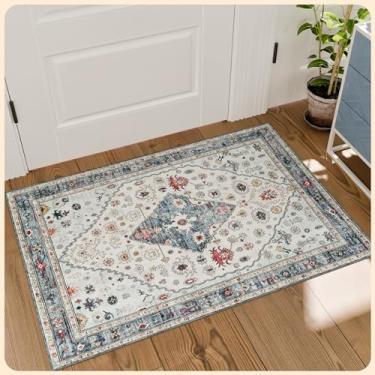 Imagem de Istana Tapetes de área interna de 5 x 7 cm - Tapetes brancos creme/azuis para quarto - Tapetes Boho dobráveis para sala de estar - Tapete de área de 5 x 7 cm - Tapete antiderrapante embaixo da mesa de
