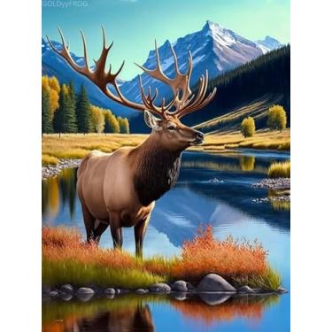 Imagem de GOLDyyFROG Kits de pintura de diamante, alce de pastagem, paisagem de montanha, pintura de diamante para iniciantes, arte de strass redondo completo para decoração de quarto, decoração de parede,