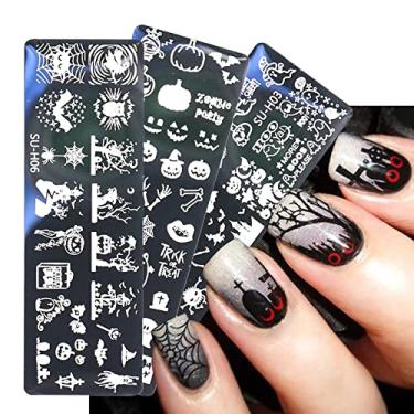 Imagem de Kit de 6 peças de molde de carimbo de unhas de Halloween com 1 carimbo, 1 raspador, fantasma de terror, abóbora, caveira, imagem de osso, placas de unhas faça você mesmo, modelos de arte de unhas, conjunto de placas de estêncil de estêncil, manicure, suprimentos para unhas