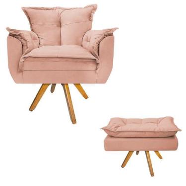 Imagem de Kit Poltrona e Puff Opala Base Giratória de Madeira Suede Rosê - DAMAF
