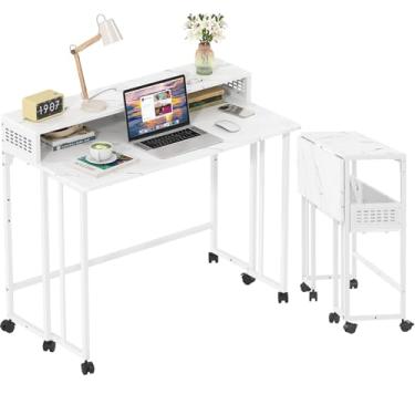 Imagem de Gezen Mesa dobrável com prateleira de armazenamento, sofá móvel, mesa lateral, cama para escritório em casa, espaço pequeno, mármore branco, 31,5