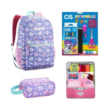 Imagem de Kit Material Escolar Aluno Lilás com 23 Itens Estudante Mochila Estojo Canetinha Carimbo Volta Aulas