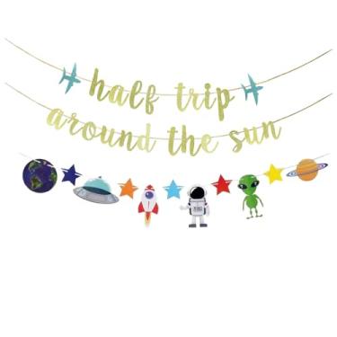 Imagem de KUNGOON Faixa dourada com glitter Half Trip Around The Sun, decorações de aniversário de 6 meses, tema de foguete astronauta espacial para decoração de festa de chá de bebê, decoração de festa de meio